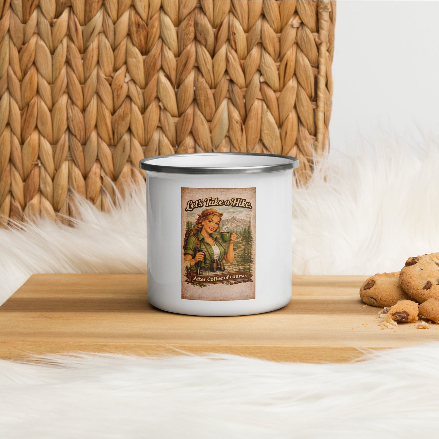 Let’s Take a Hike (After Coffee of Course) Enamel Mug – Vintage Hiking Camp Cup
