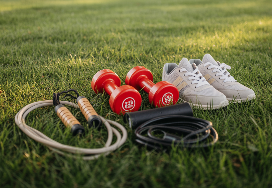 Fitness Equipment arranged on a green grass in a park.