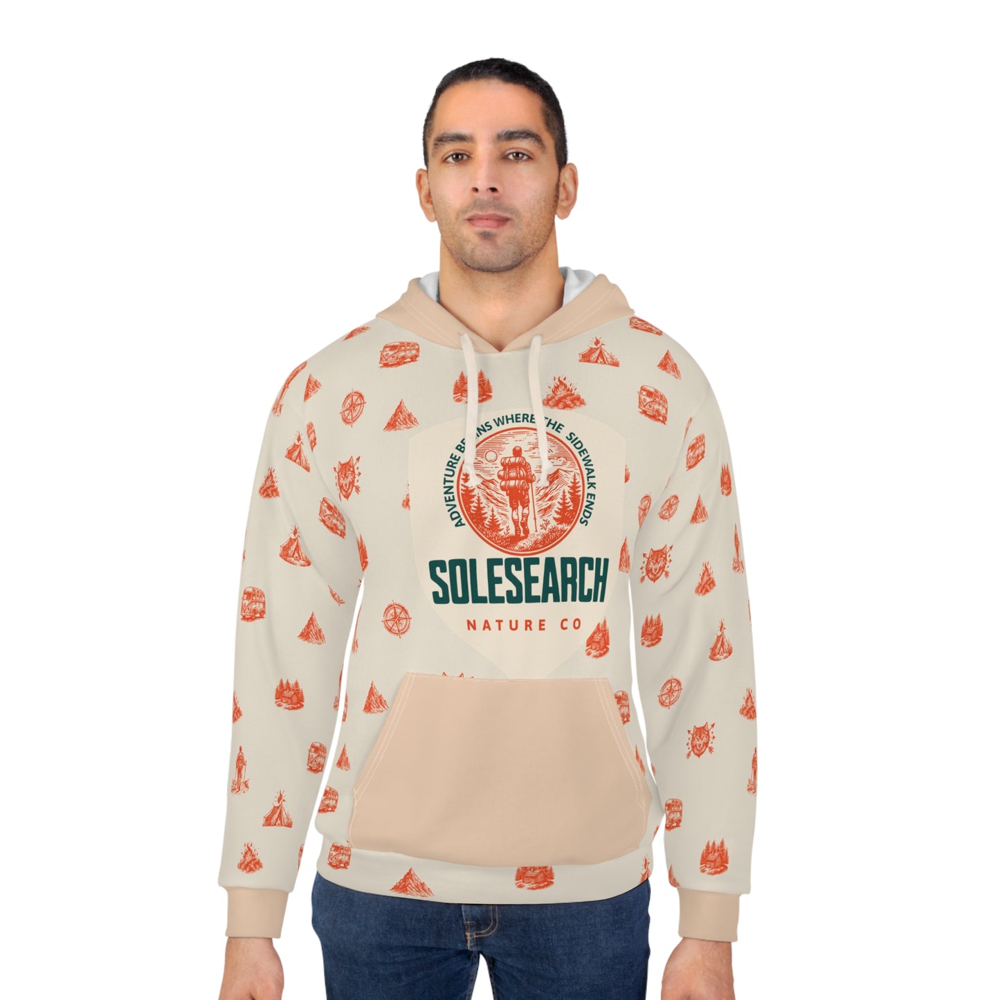 SoleSearch Nature Co logo hoodie | outdoor campfire icons all-over print