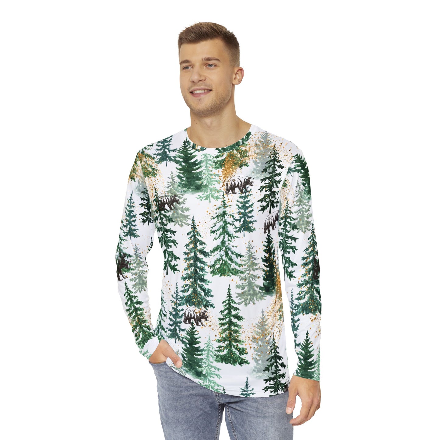 Men's Long Sleeve Shirt - Bear and Nature All Over Print with Gold Accents