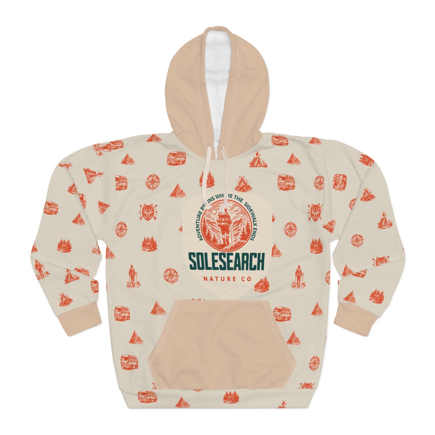 SoleSearch Nature Co logo hoodie | outdoor campfire icons all-over print