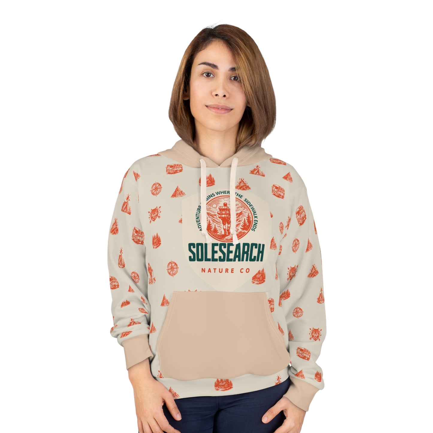 SoleSearch Nature Co logo hoodie | outdoor campfire icons all-over print