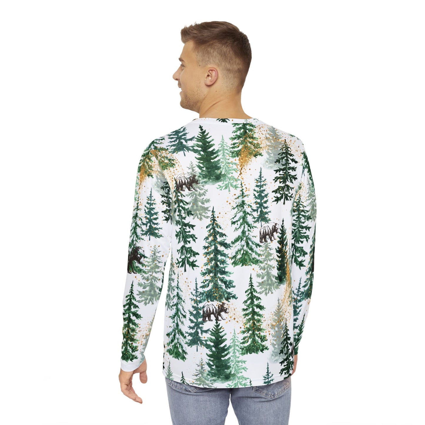 Men's Long Sleeve Shirt - Bear and Nature All Over Print with Gold Accents