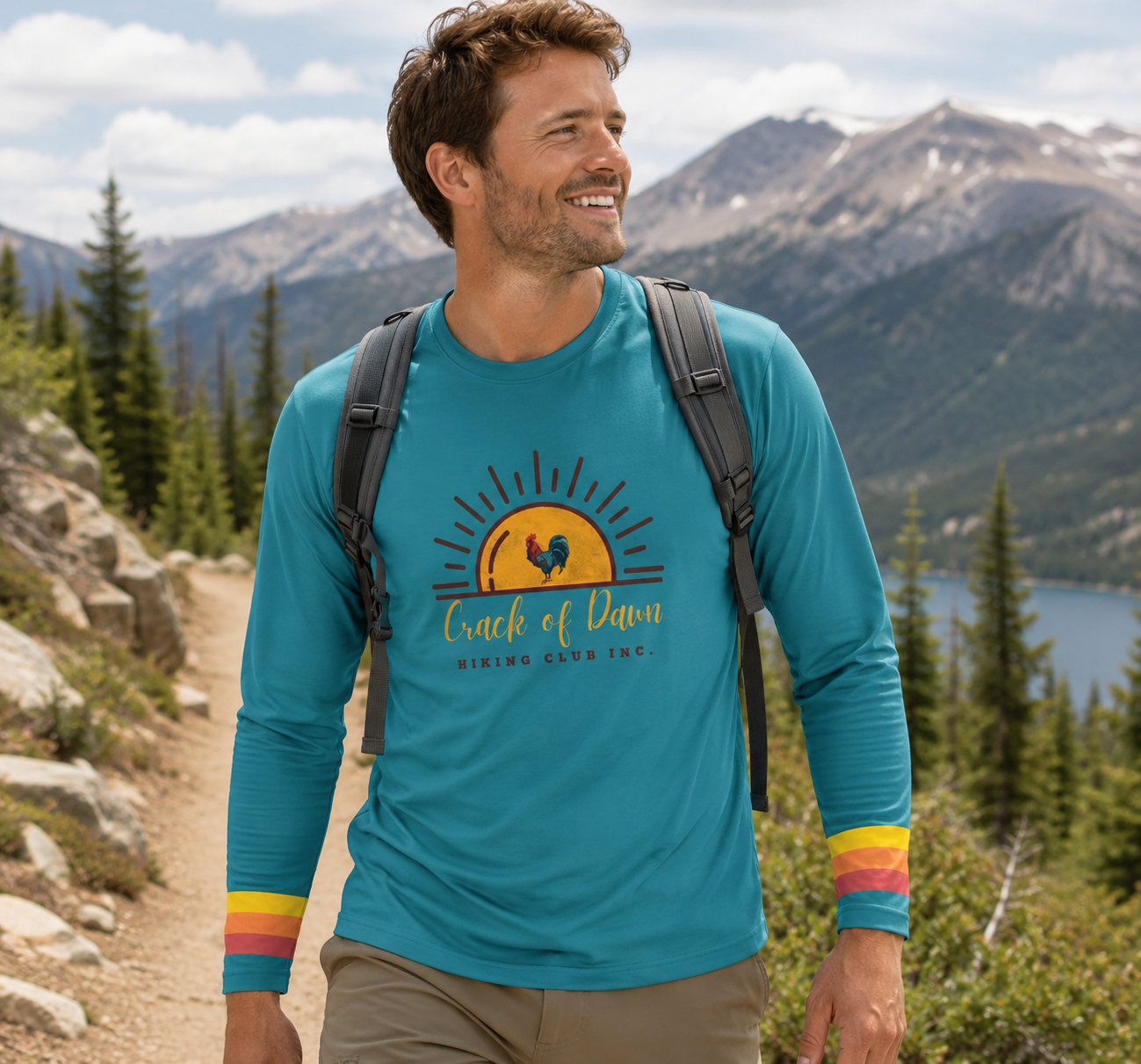 Crack of Dawn Long Sleeve Shirt — Bright Hiking Graphic with Sleeve Stripes