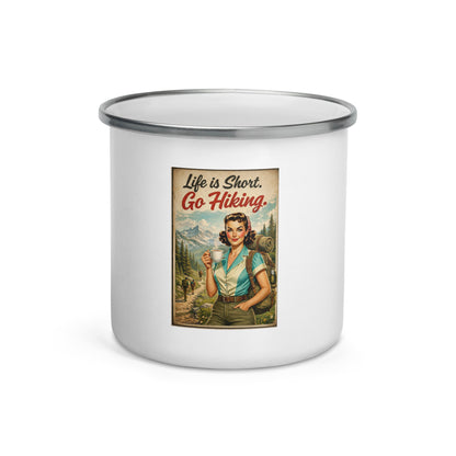 Life is Short Go Hiking Enamel Mug – Vintage Hiking Coffee Cup for Outdoor Lovers