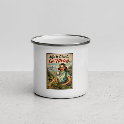 Life is Short Go Hiking Enamel Mug – Vintage Hiking Coffee Cup for Outdoor Lovers
