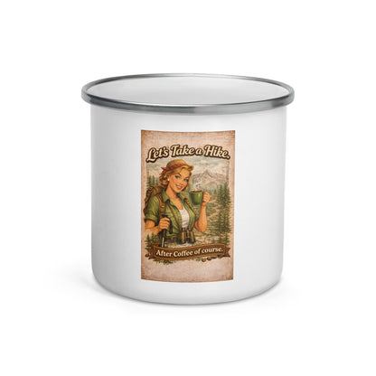 Let’s Take a Hike (After Coffee of Course) Enamel Mug – Vintage Hiking Camp Cup