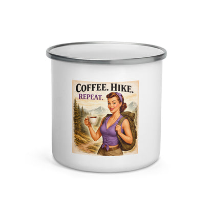 Coffee. Hike. Repeat. Enamel Camping Mug – Vintage Hiking Gift for Outdoor Lovers