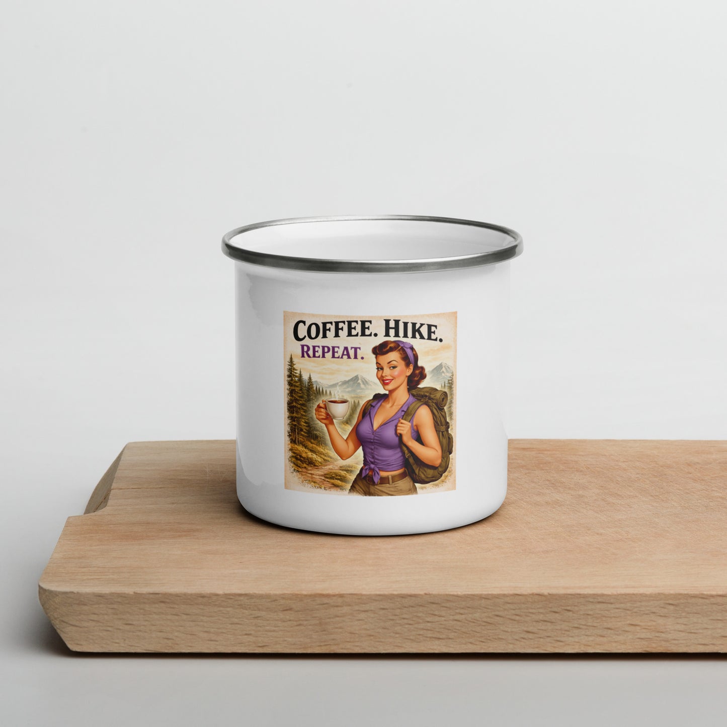 Coffee. Hike. Repeat. Enamel Camping Mug – Vintage Hiking Gift for Outdoor Lovers
