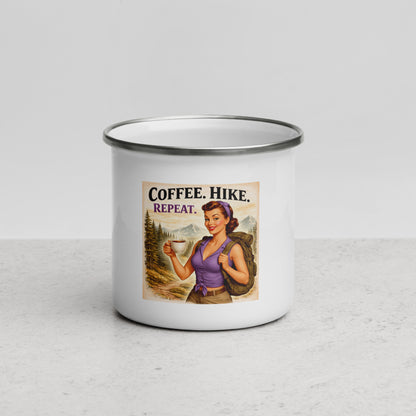 Coffee. Hike. Repeat. Enamel Camping Mug – Vintage Hiking Gift for Outdoor Lovers