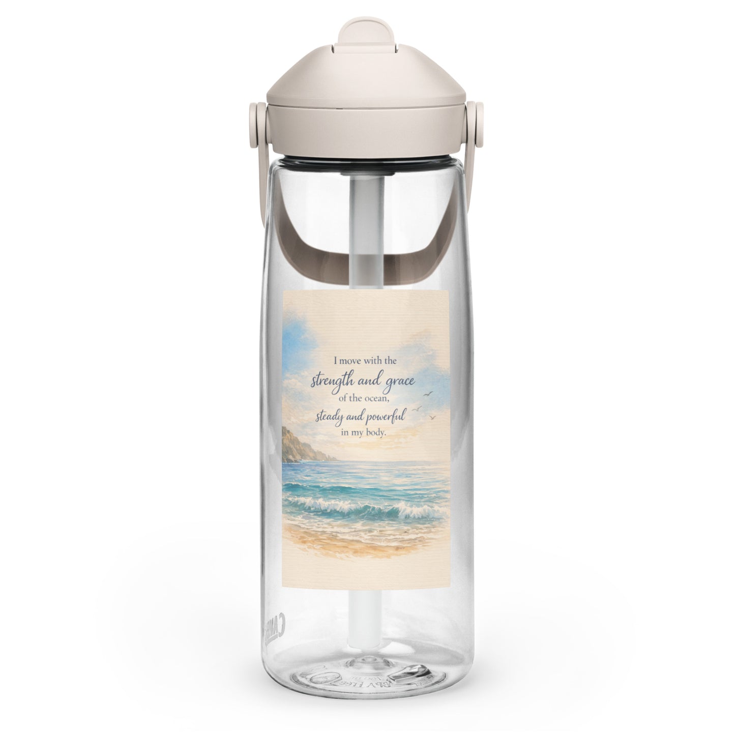 Ocean Strength Affirmation Water Bottle – 25oz Tritan® Motivational Fitness Bottle – Beach Inspired Wellness Bottle for Women